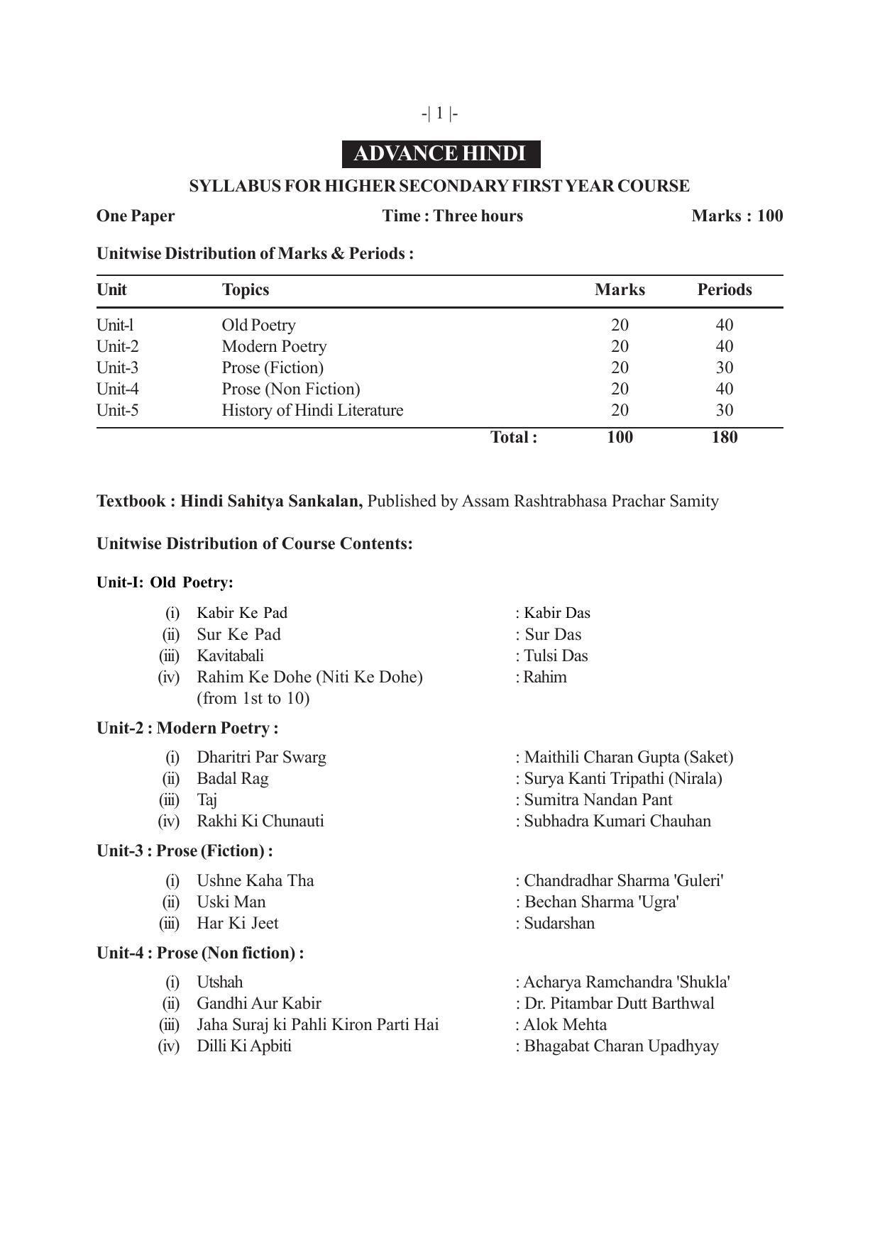 AHSEC 1st Year Advance-Hindi Syllabus - Page 1