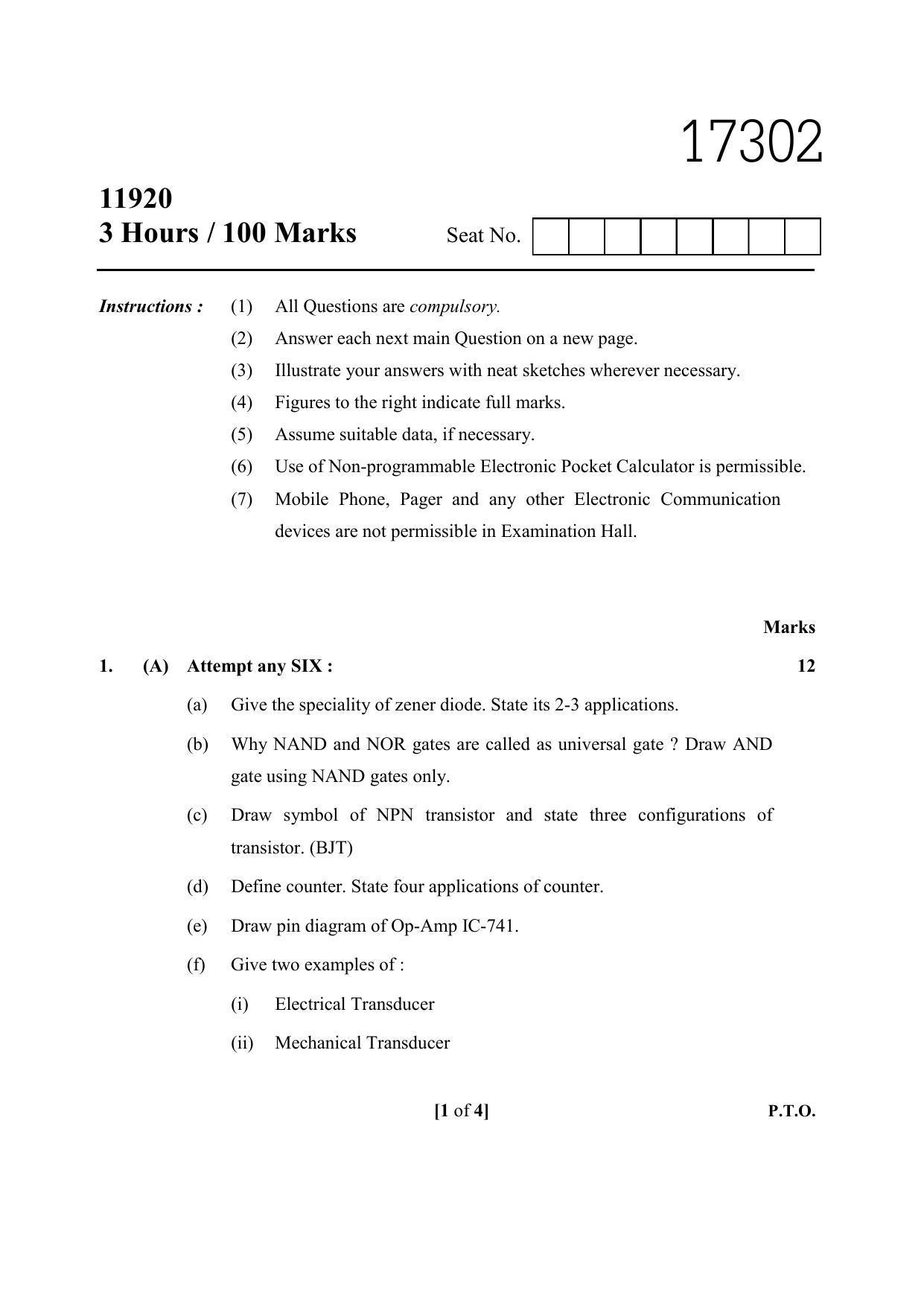 MSBTE Winter Question Paper 2019 - Basic Electronics and Mechatronics - Page 1