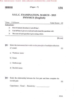 Kerala SSLC 2015 Physics Question Paper