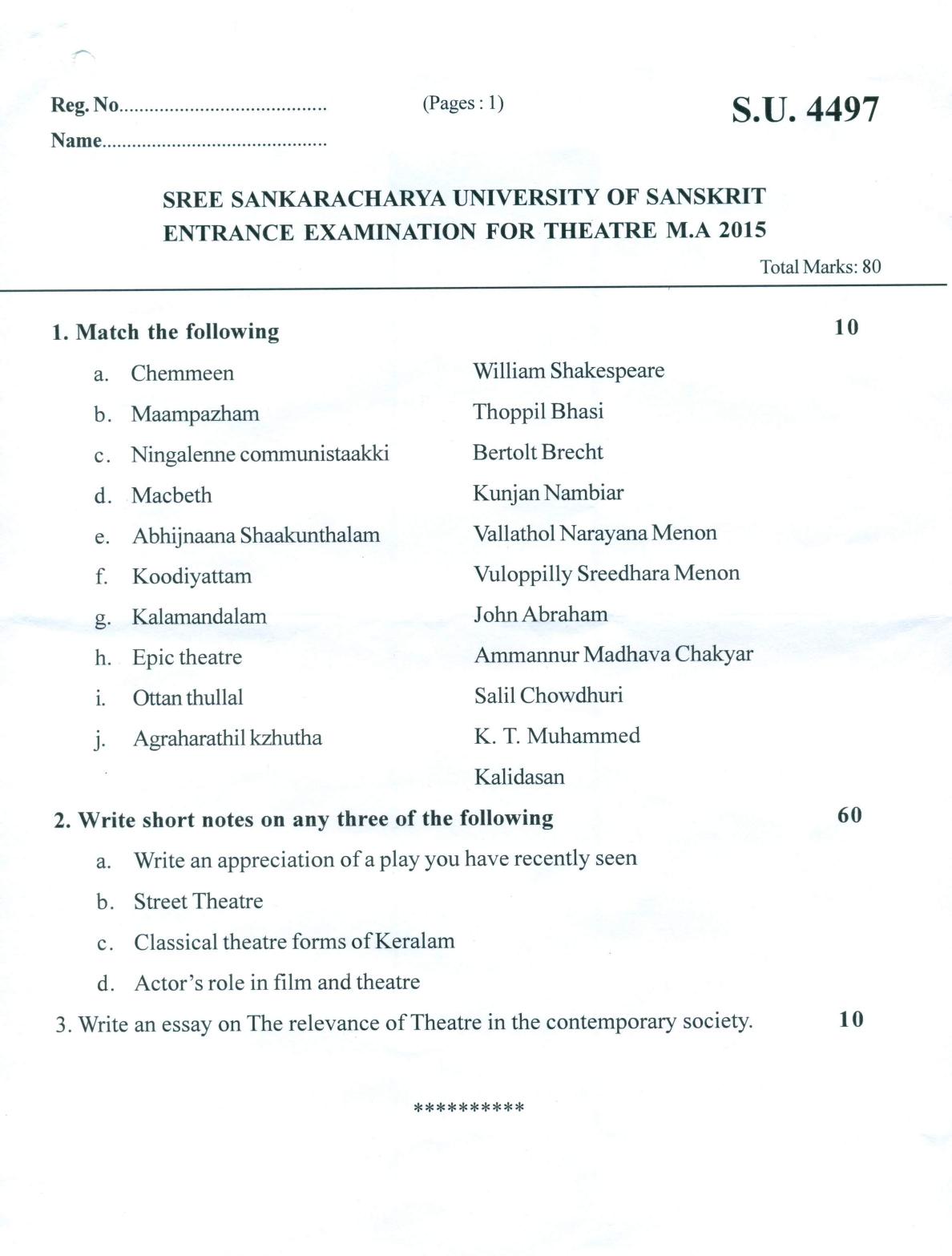 SSUS Entrance Exam THEATRE 2015 Question Paper - Page 1