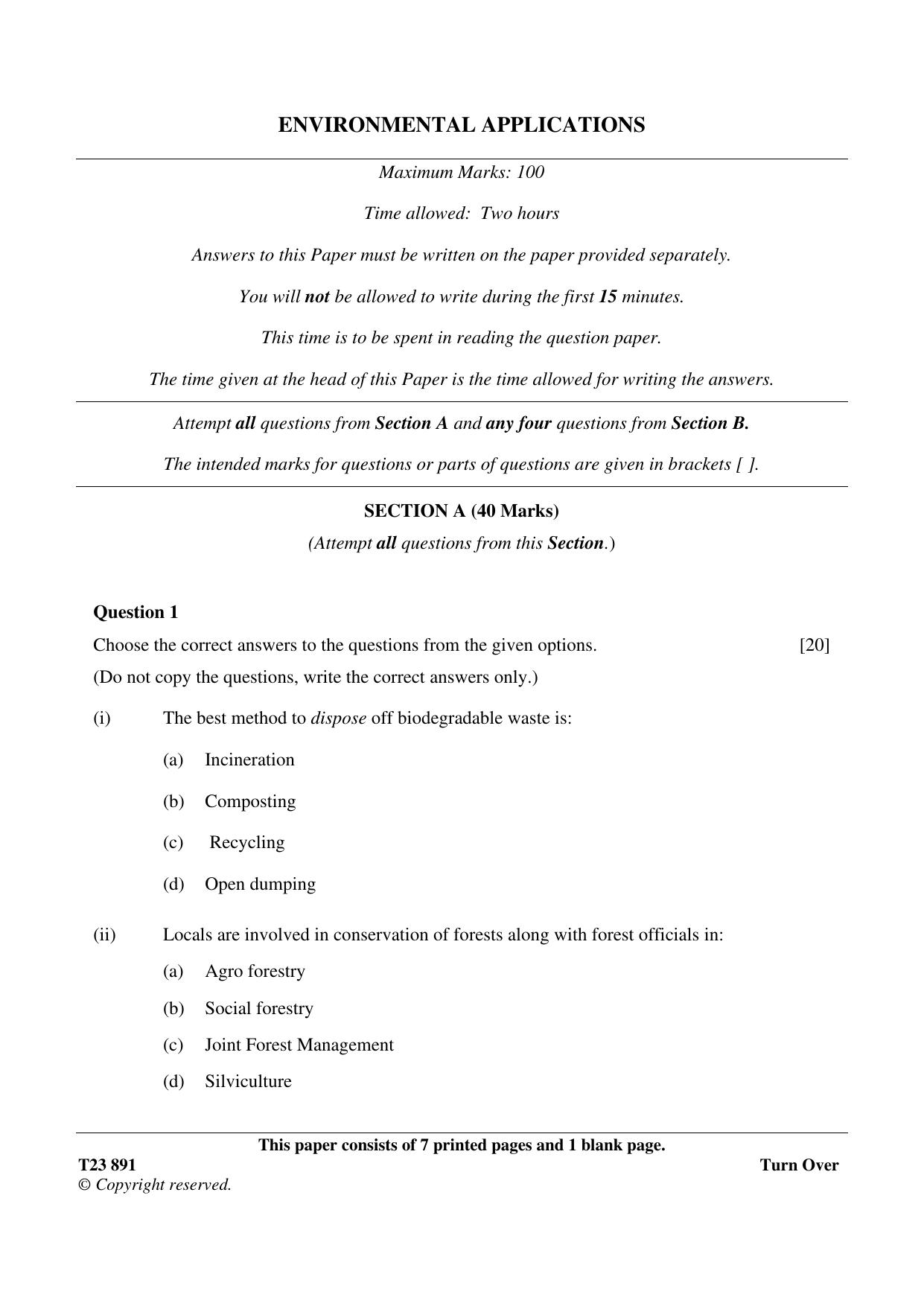 ICSE Class 10 ENVIRONMENTAL APPLICATIONS 2023 Question Paper - Page 1