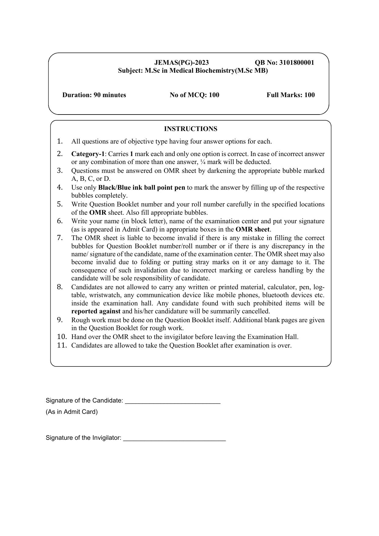 WB JEMAS (PG) M.Sc MB 2023 Question Paper - Page 1