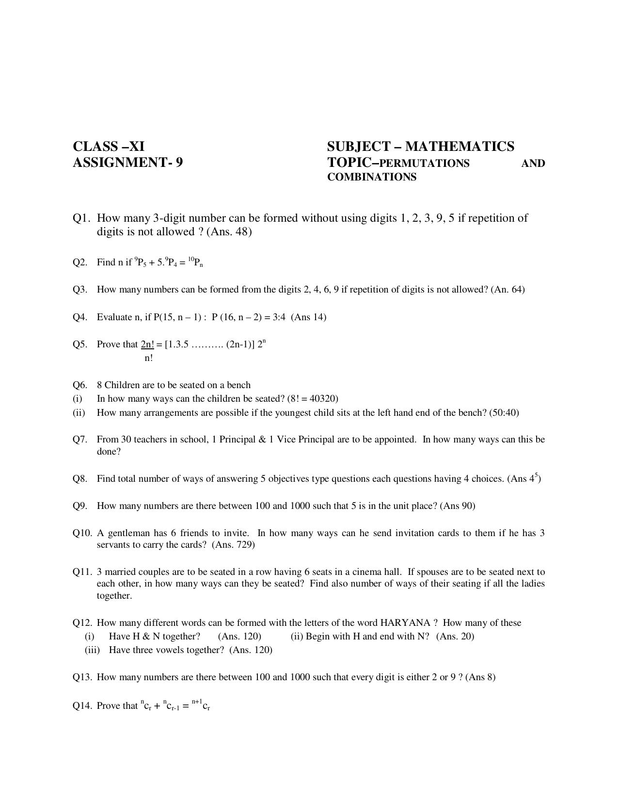 CBSE Worksheets for Class 11 Mathematics Permutations and Combinations Assignment 2 - Page 1