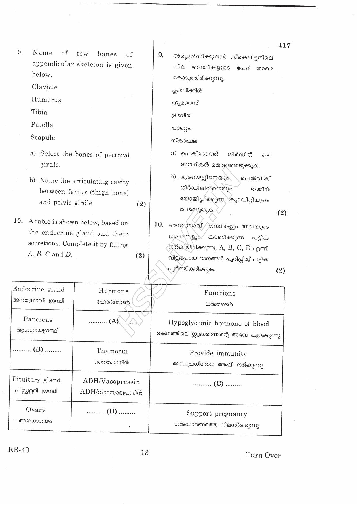 Kerala Plus One 2016 Biology- Zoology Improvement Question Papers 