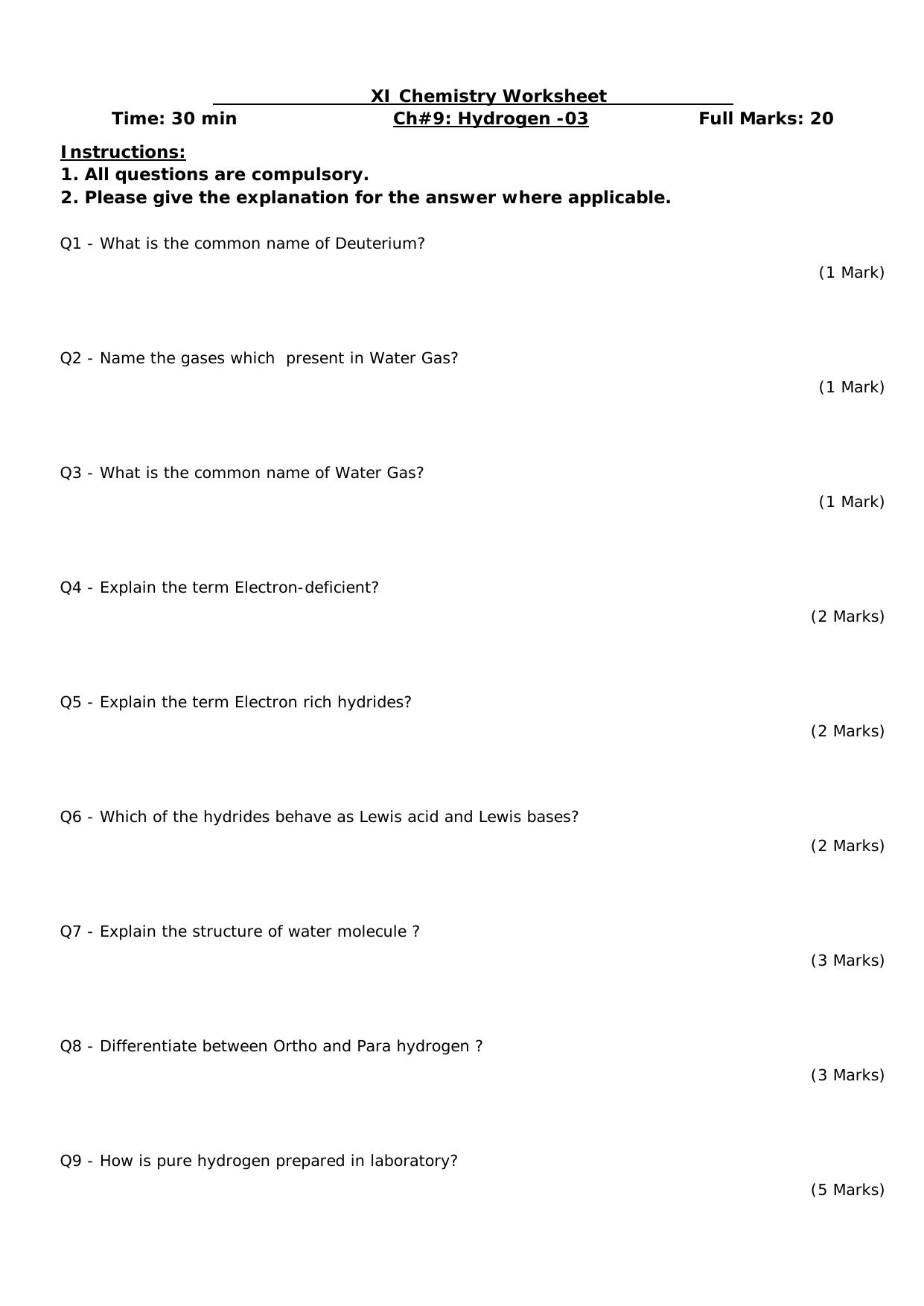 CBSE Worksheets for Class 11 Chemistry Hydrogen Assignment 3 - Page 1