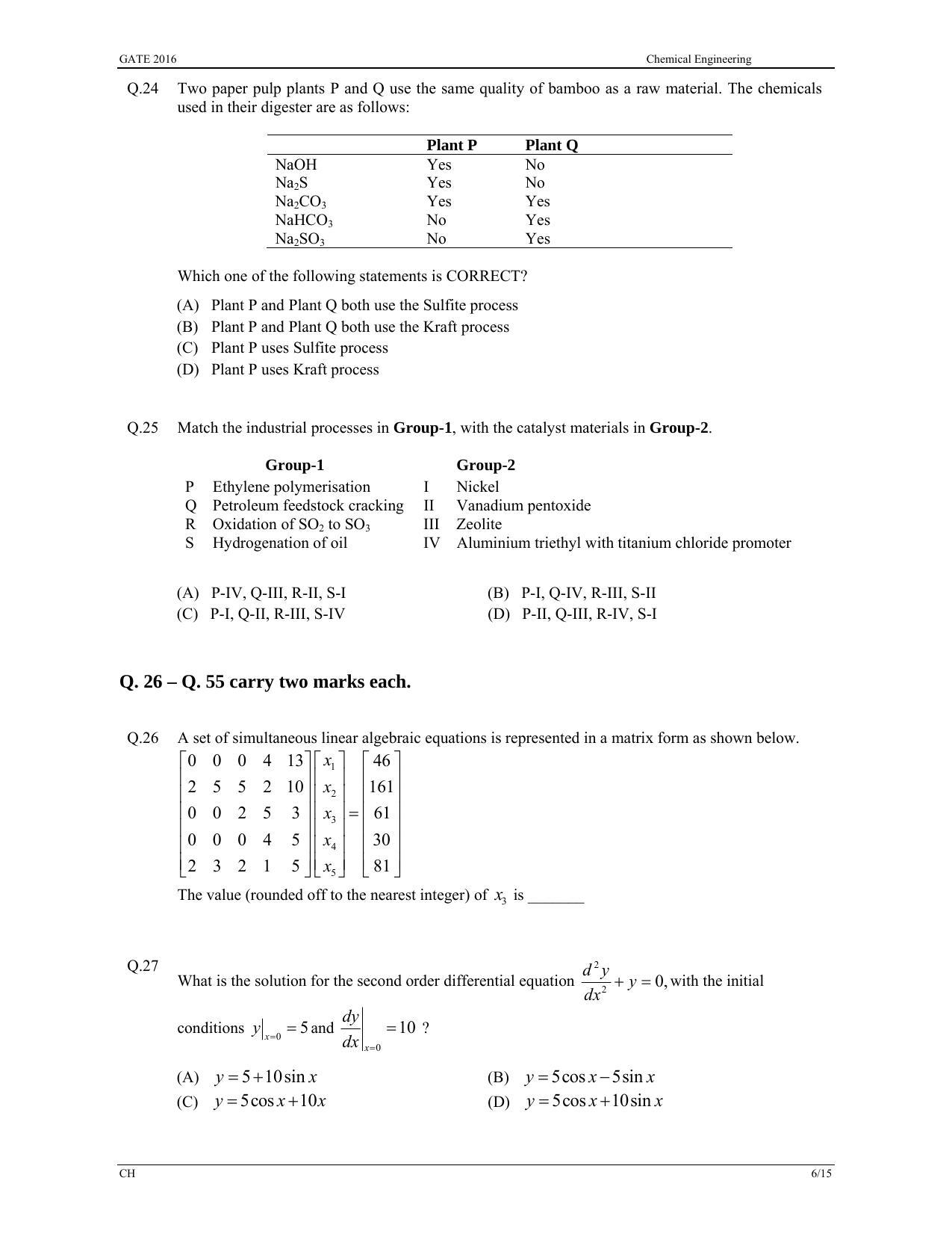 GATE 2016 Chemical Engineering (CH) Question Paper with Answer Key ...