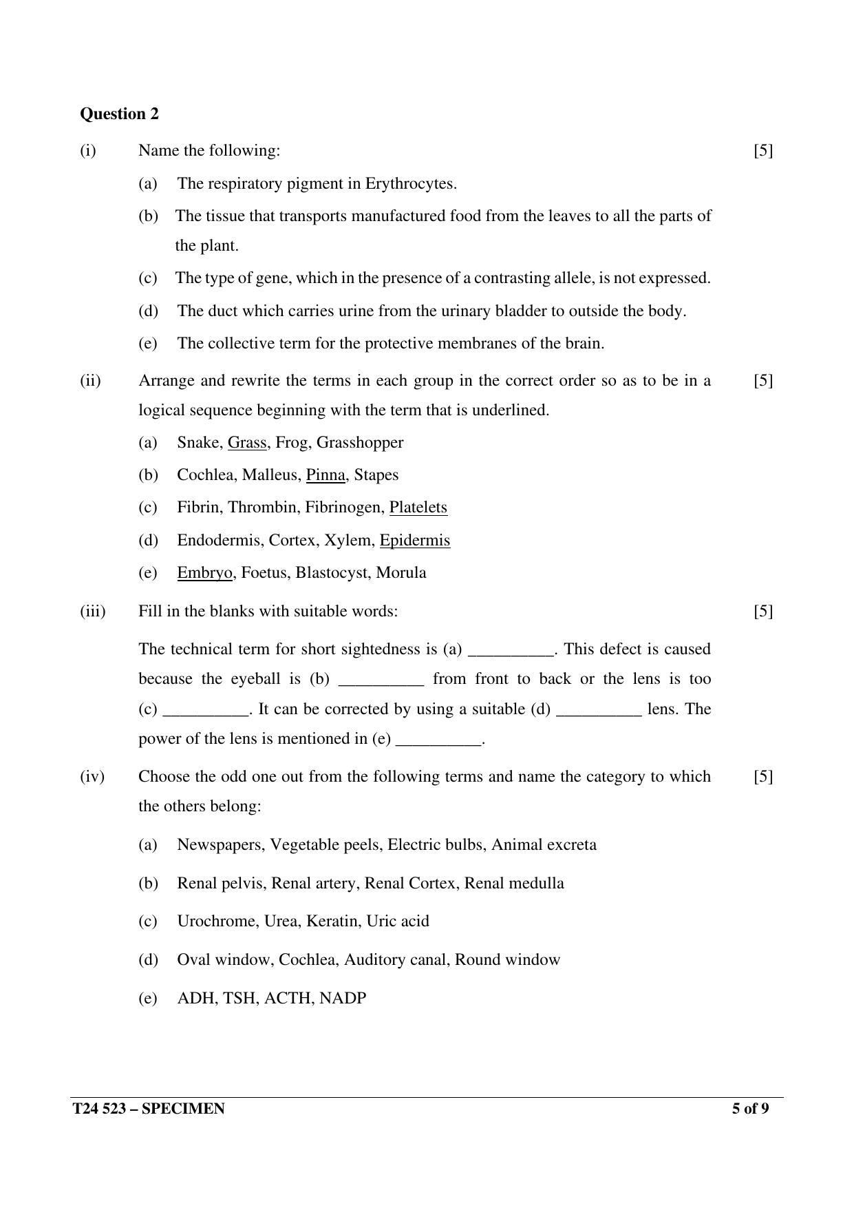 ICSE Class 10  2024 Biology Sample Paper - Page 5