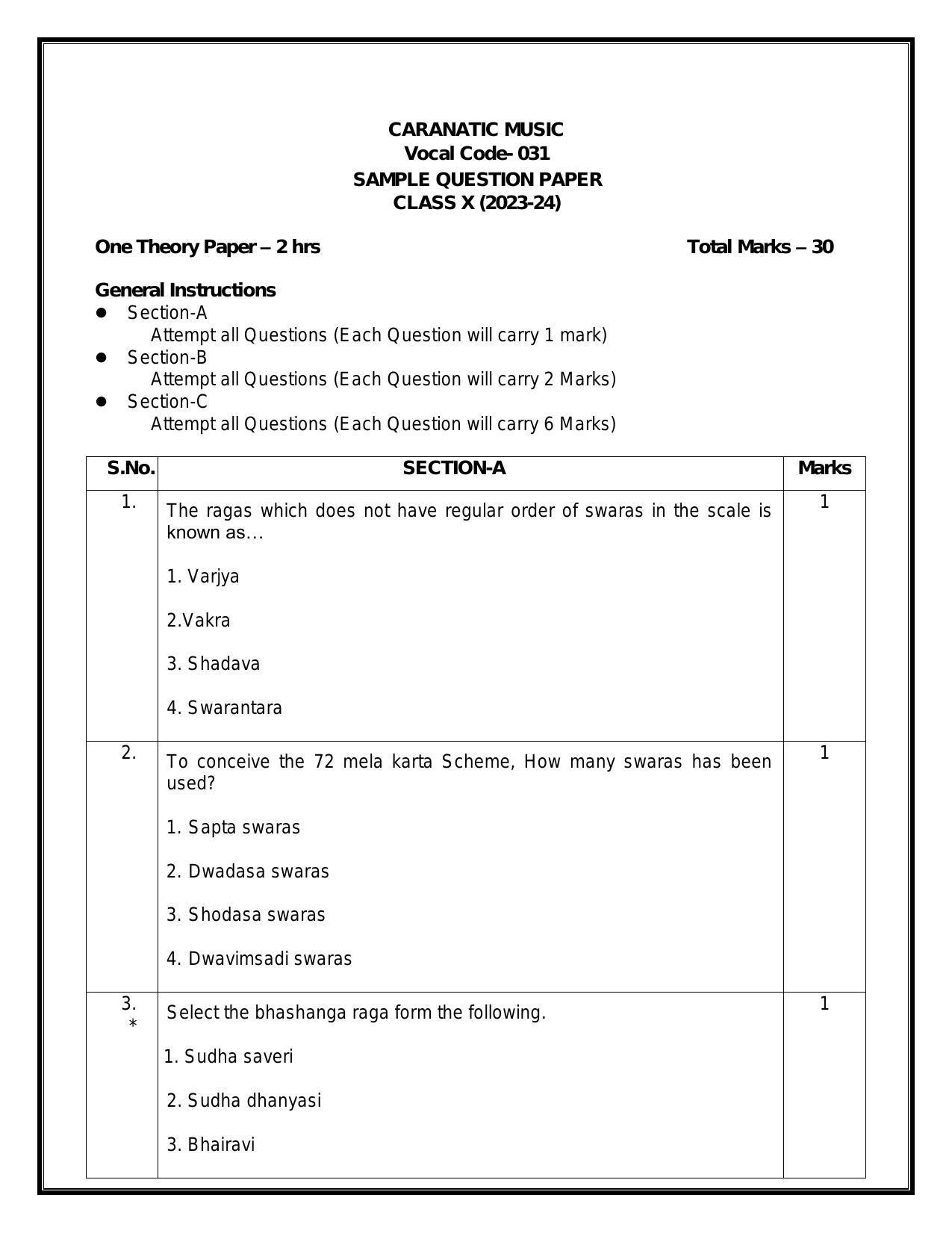 CBSE Class 10 Carnatic MusicVocal Sample Paper 2024 IndCareer Docs