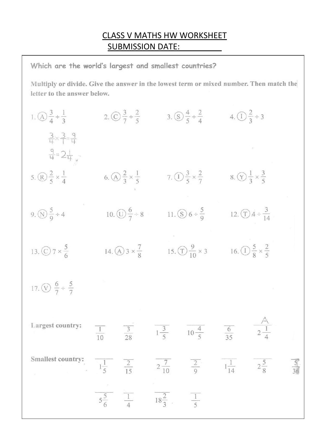 Worksheet for Class 5 Maths Fractions Assignment 3 - Page 1