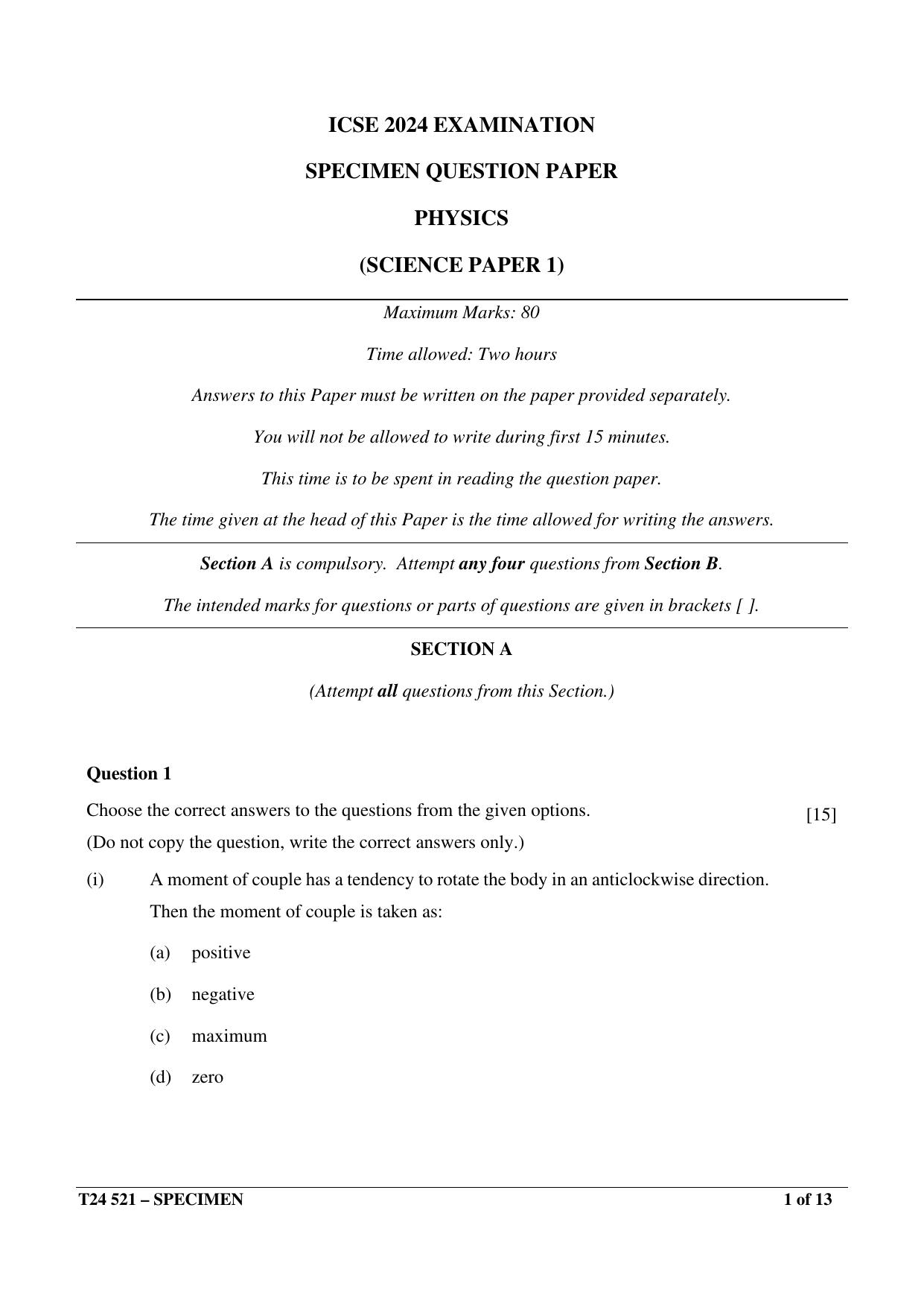 ICSE Class 10  2024 Physics Sample Paper - Page 1