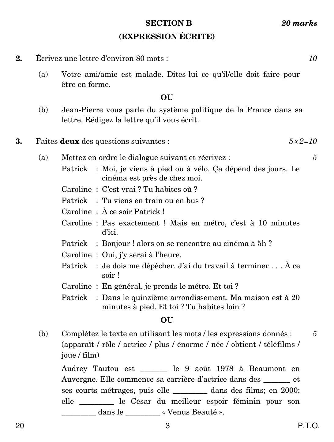 CBSE Class 10 20 FRENCH 2019 Question Paper - IndCareer Docs