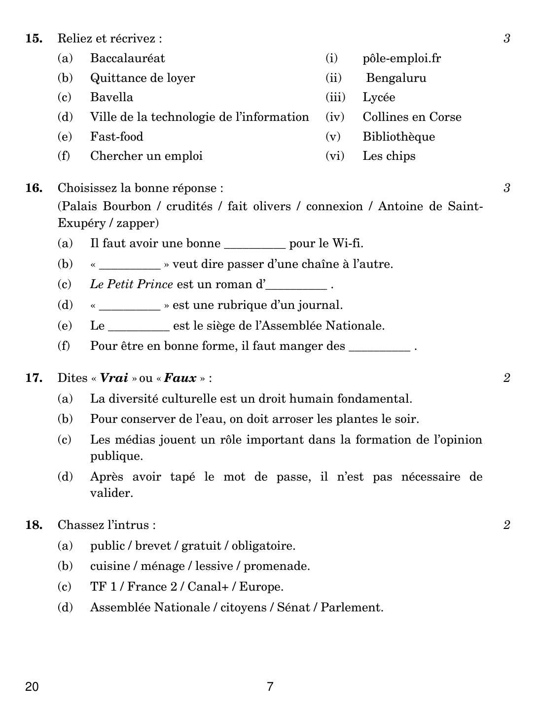 CBSE Class 10 20 FRENCH 2019 Question Paper - IndCareer Docs