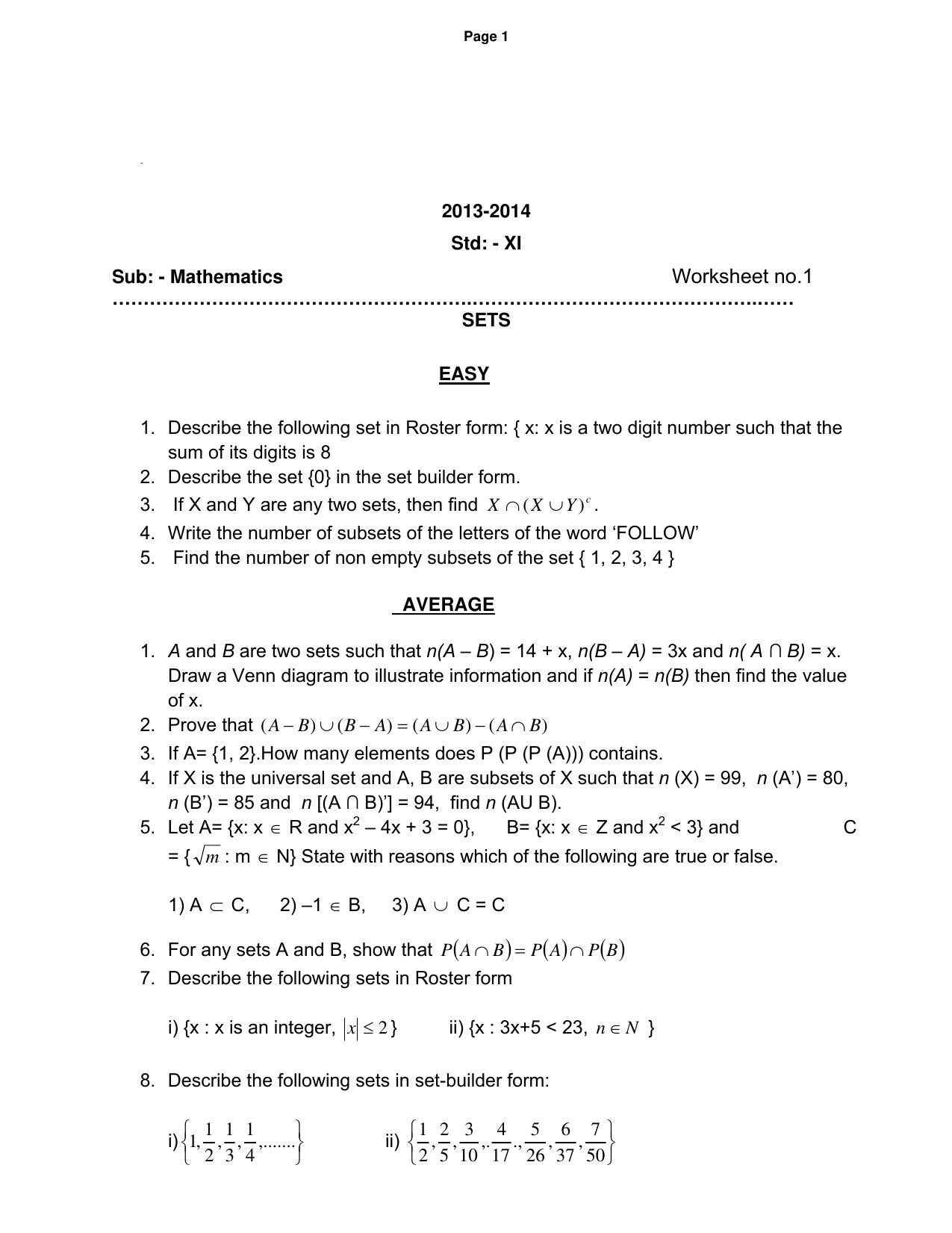 CBSE Worksheets for Class 11 Mathematics Mathematical Reasoning Assignment - Page 1