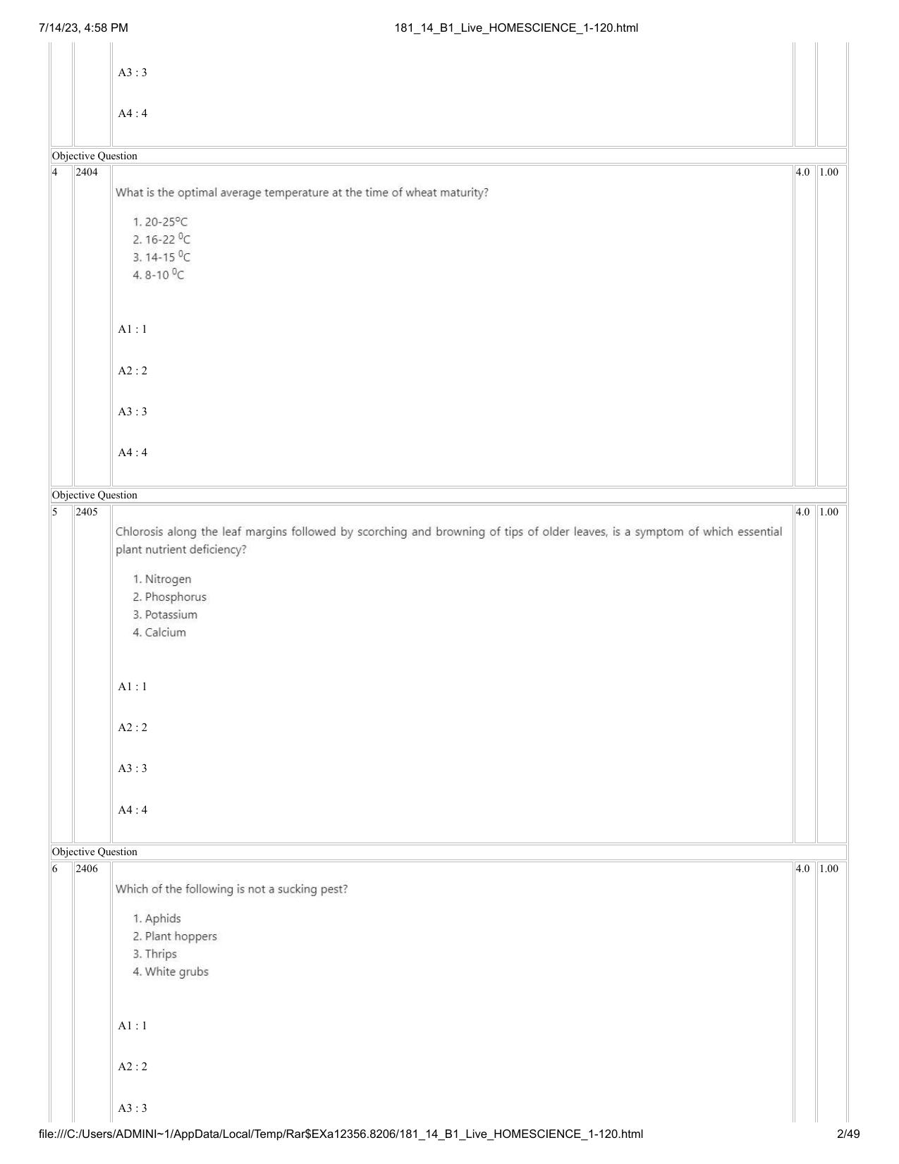 ICAR AIEEA PG 2023 HOME SCIENCE Question Paper- 14 July 2023 ...