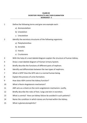 CBSE Worksheets for Class 11 Biology Excretory Products and Their Elimination Assignment