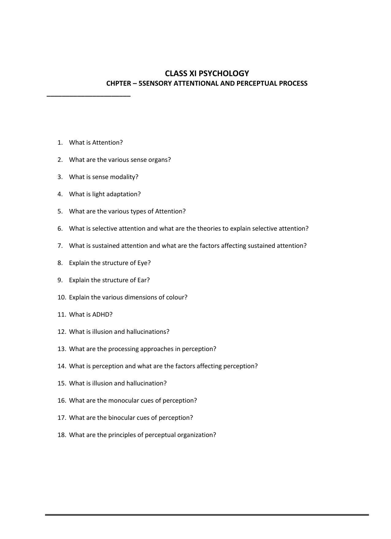 CBSE Worksheets for Class 11 Psychology Sensory Attentional and Perceptual Process Assignment 1 - Page 1