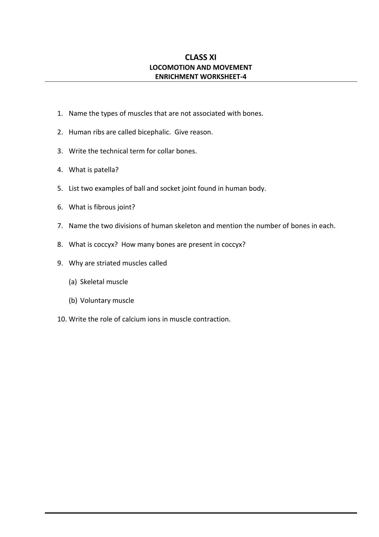 CBSE Worksheets for Class 11 Biology Locomotion and Movement Enrichment Assignment - Page 1