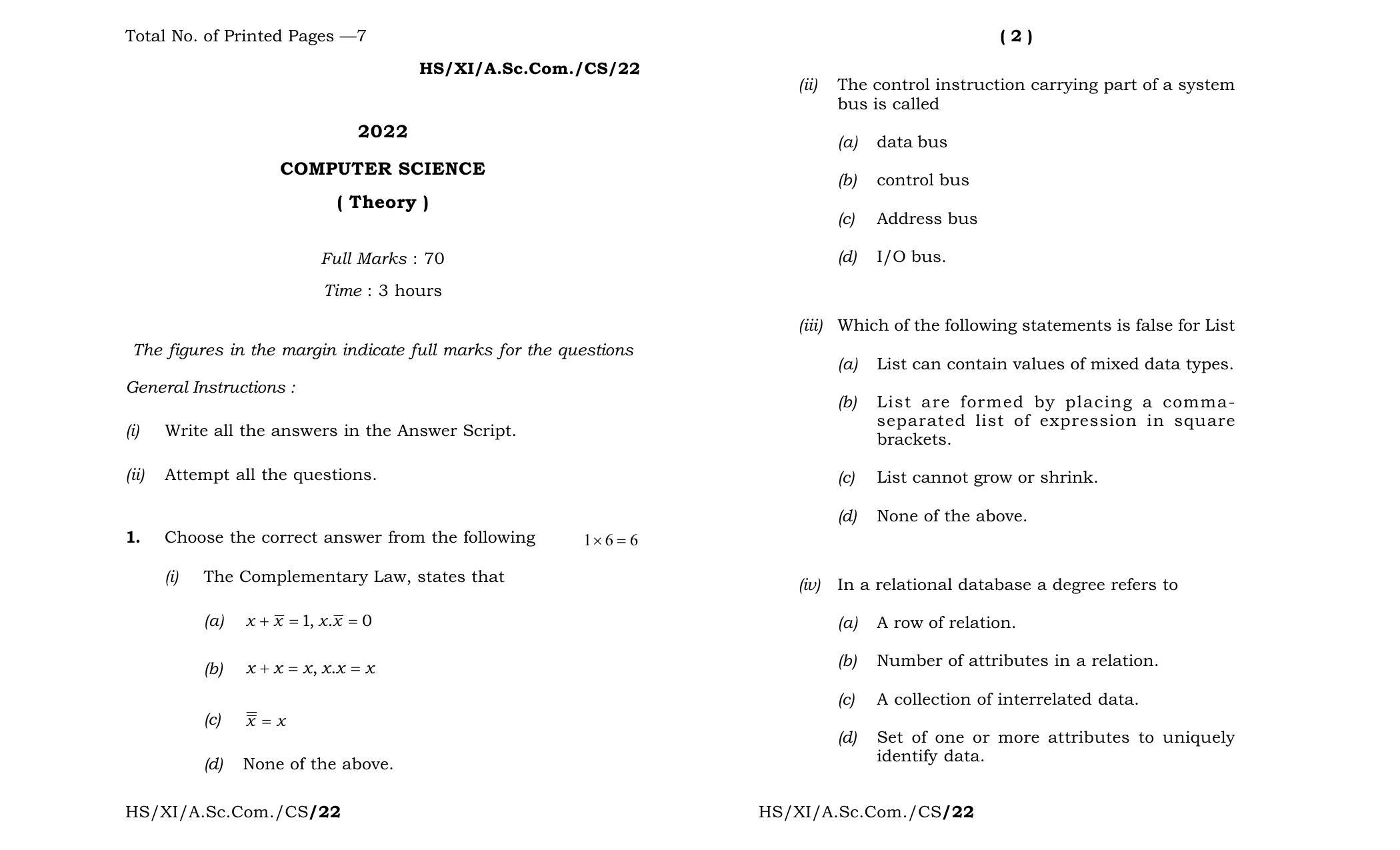 Meghalaya Board Mbose Class 11 Computer Science Theory 2022 Question Paper Indcareer Docs 4180