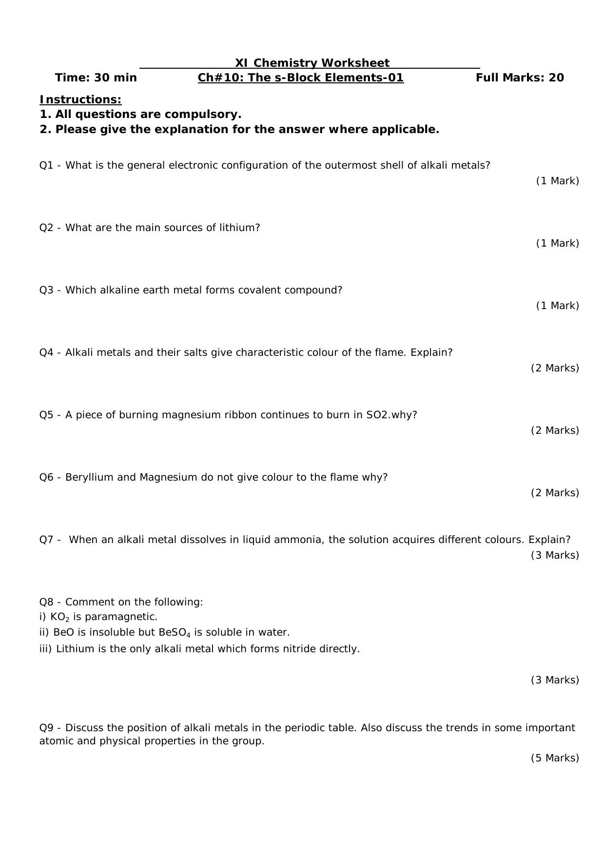 CBSE Worksheets for Class 11 Chemistry The s-Block Elements Assignment 1 - Page 1