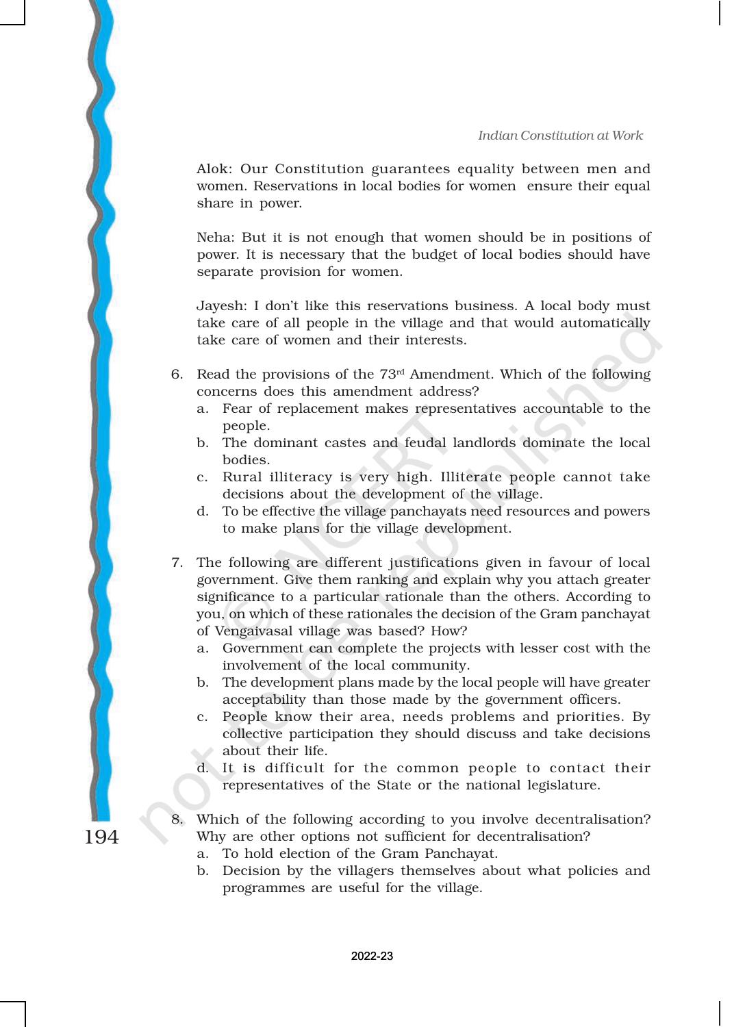 NCERT Book for Class 11 Political Science (Indian Constitution at Work) Chapter 8 Local Governments - Page 19