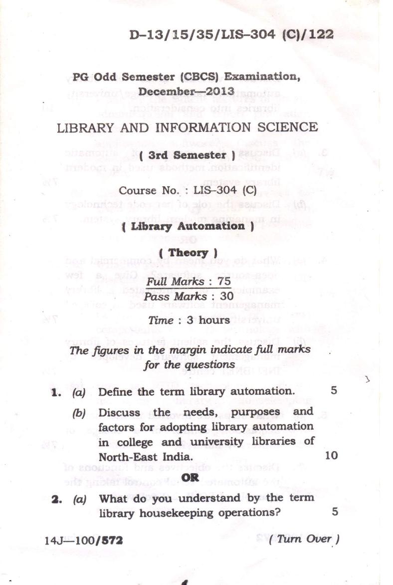 Assam University MLiSc (304) Dec.-2013 Question Paper - Page 1