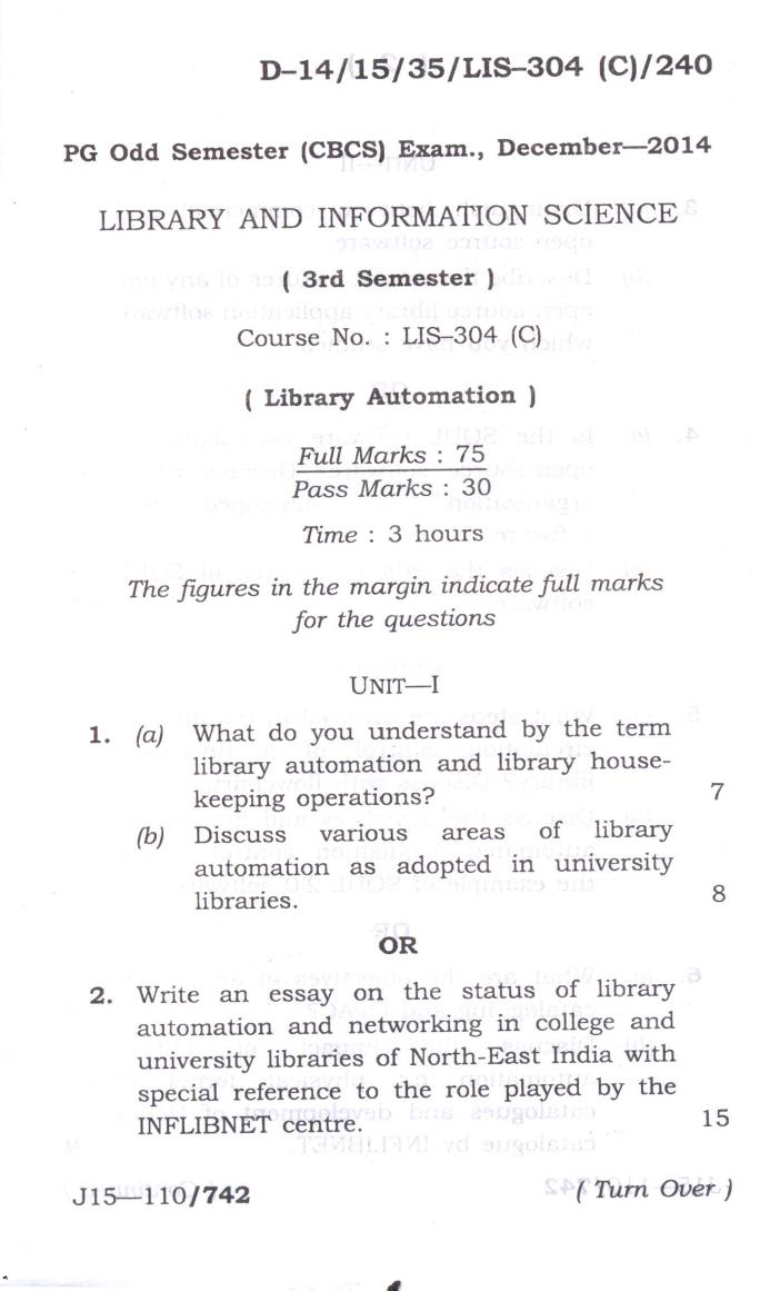 Assam University MLiSc (304) Dec.-2013 Question Paper - Page 4