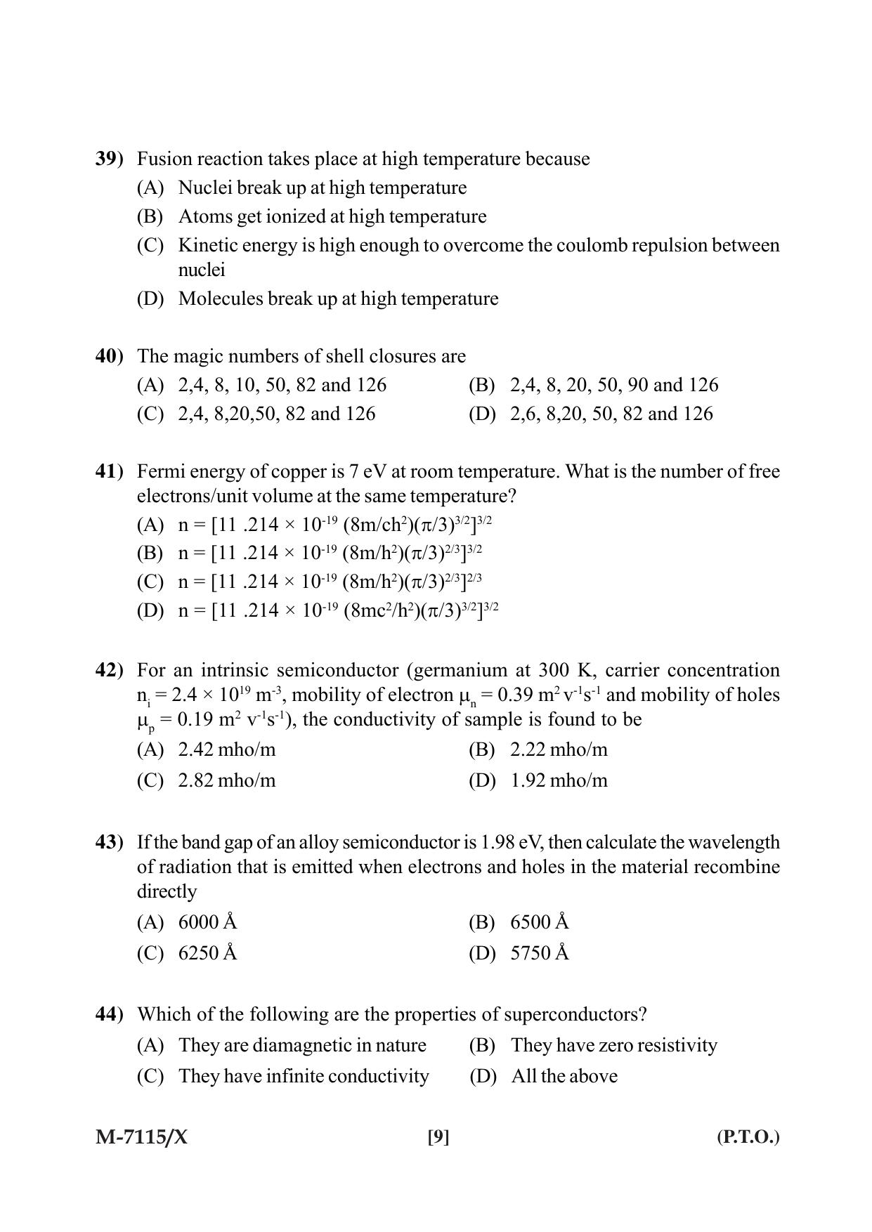 Mysore University PG Entrance Exam 2019: Physics Question Paper - Page 9