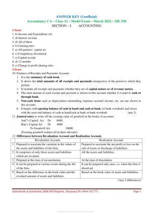 Kerala Plus Two 2022 Accountancy CA  Model Answer Key