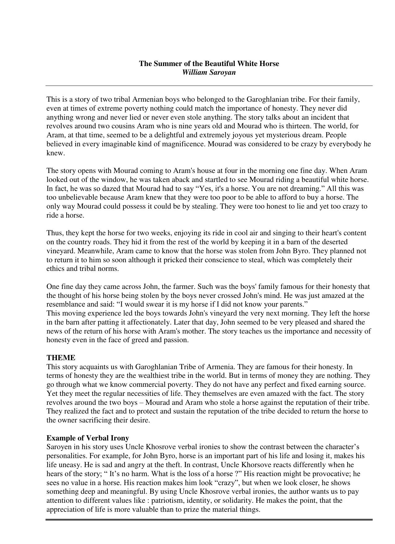 CBSE Worksheets for Class 11 English The Summer of the Beautiful White Horse-William Saroyan Assignment - Page 1