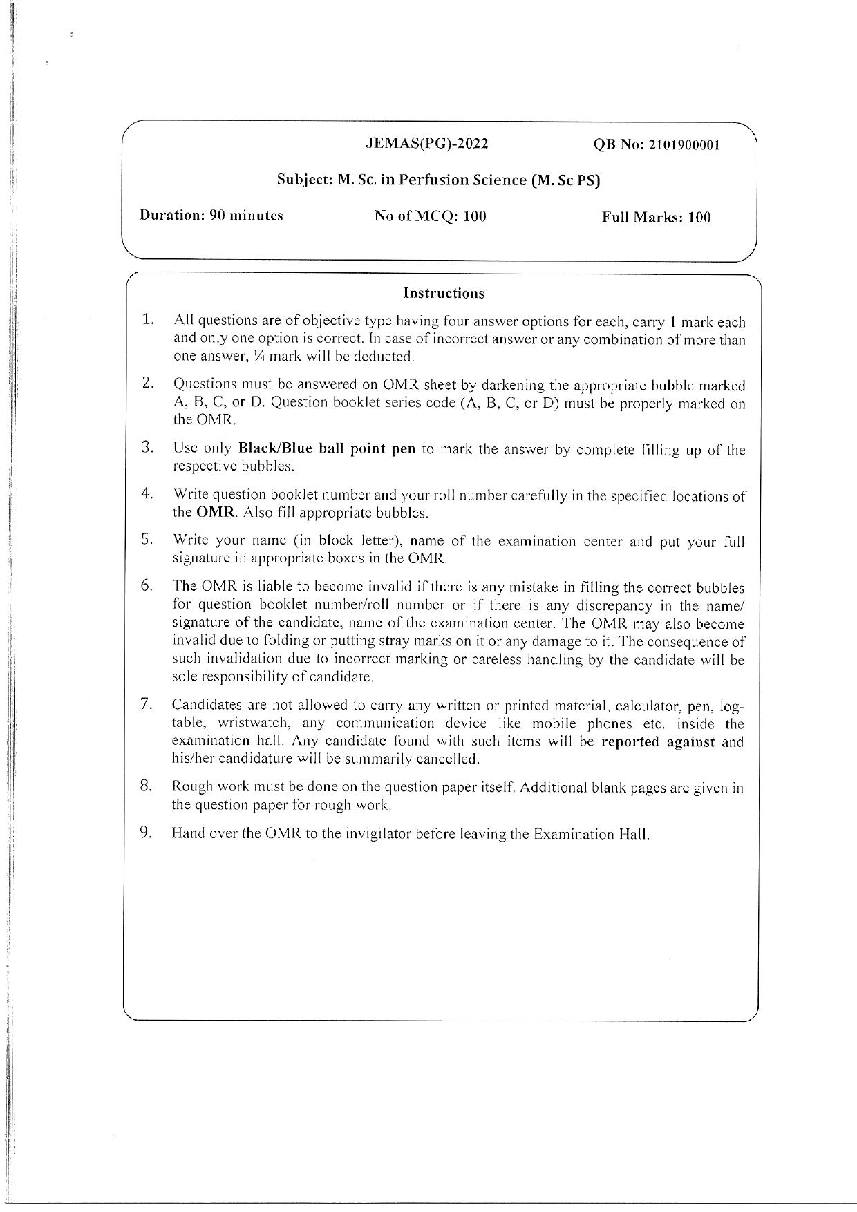 WBJEEB JEMAS (PG) 2022 MSc PS Question Paper - Page 1