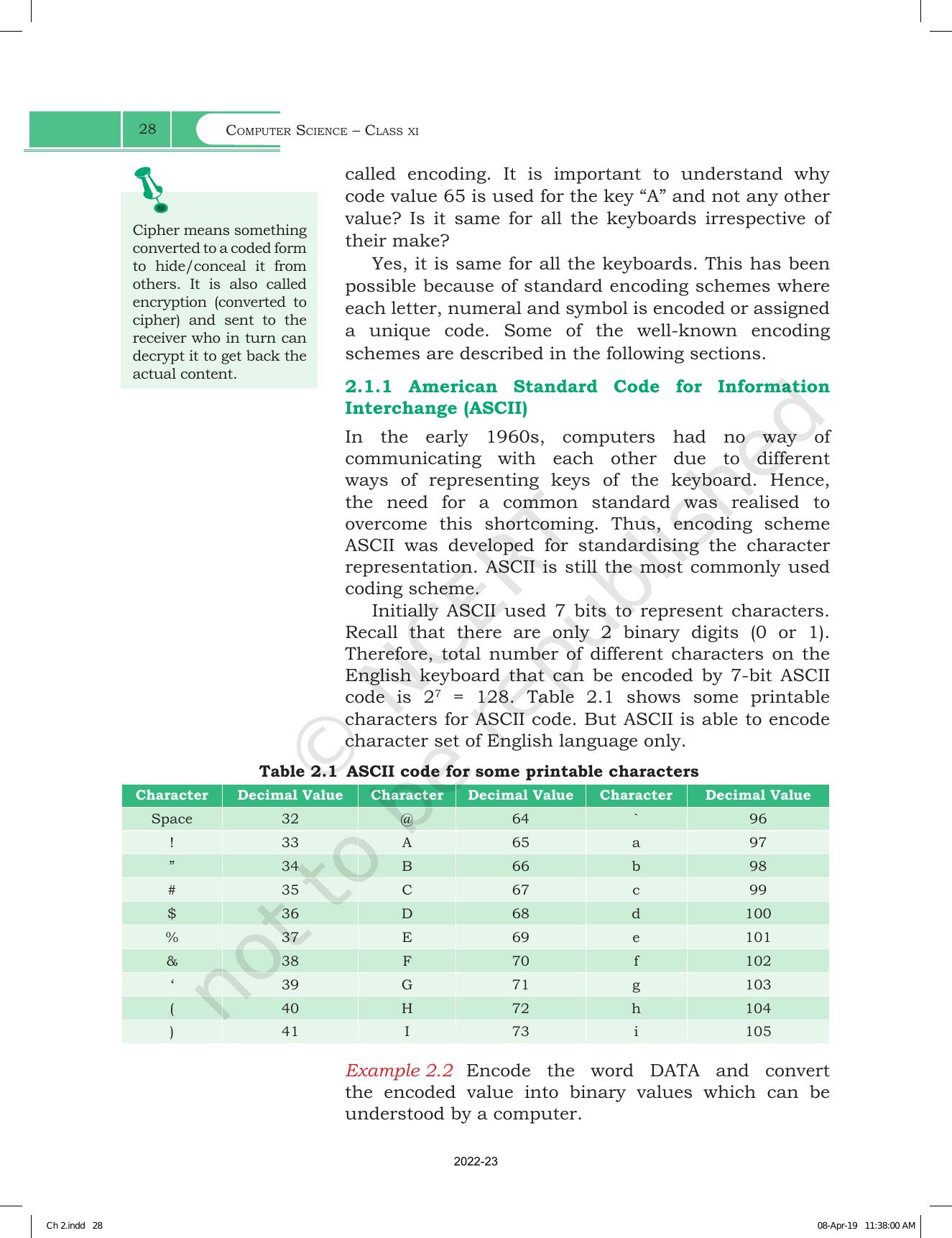 NCERT Book For Class 11 Computer Science Chapter 2 Encoding Schemes And ...