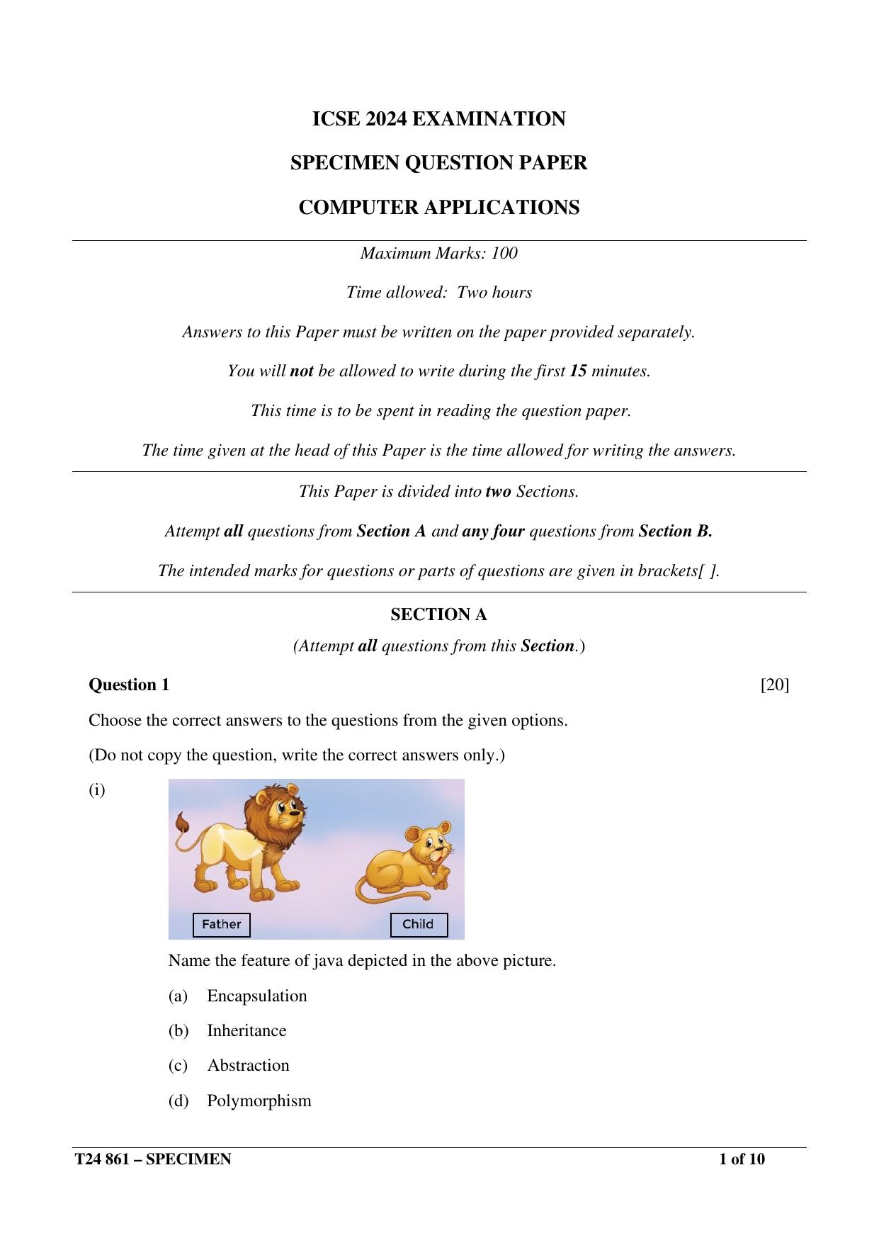 ICSE Class 10  2024 Computer Applications Sample Paper - Page 1