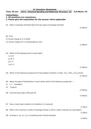 CBSE Worksheets for Class 11 Chemistry Chemical Bonding and Molecular Structure Assignment 2