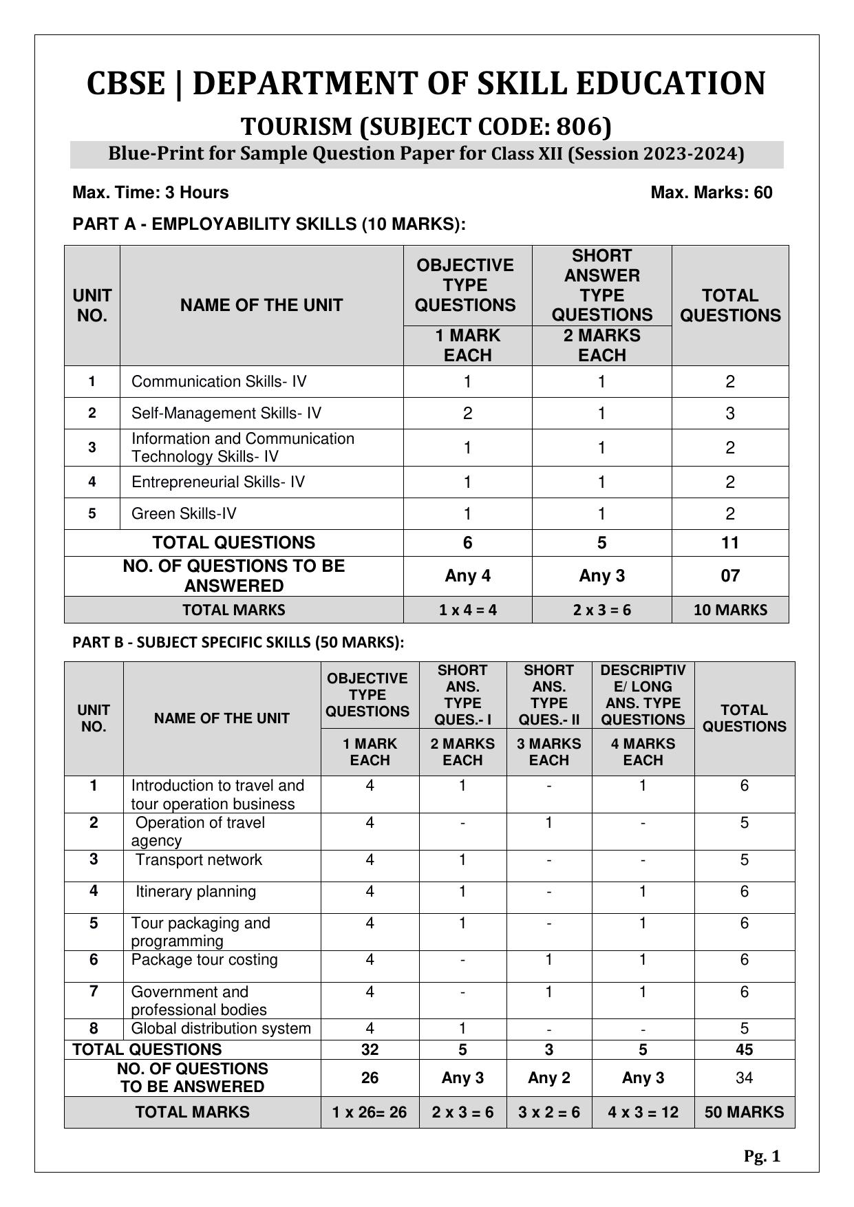 CBSE Class 12 (Skill Education) Tourism 2024 Sample Paper - Page 1