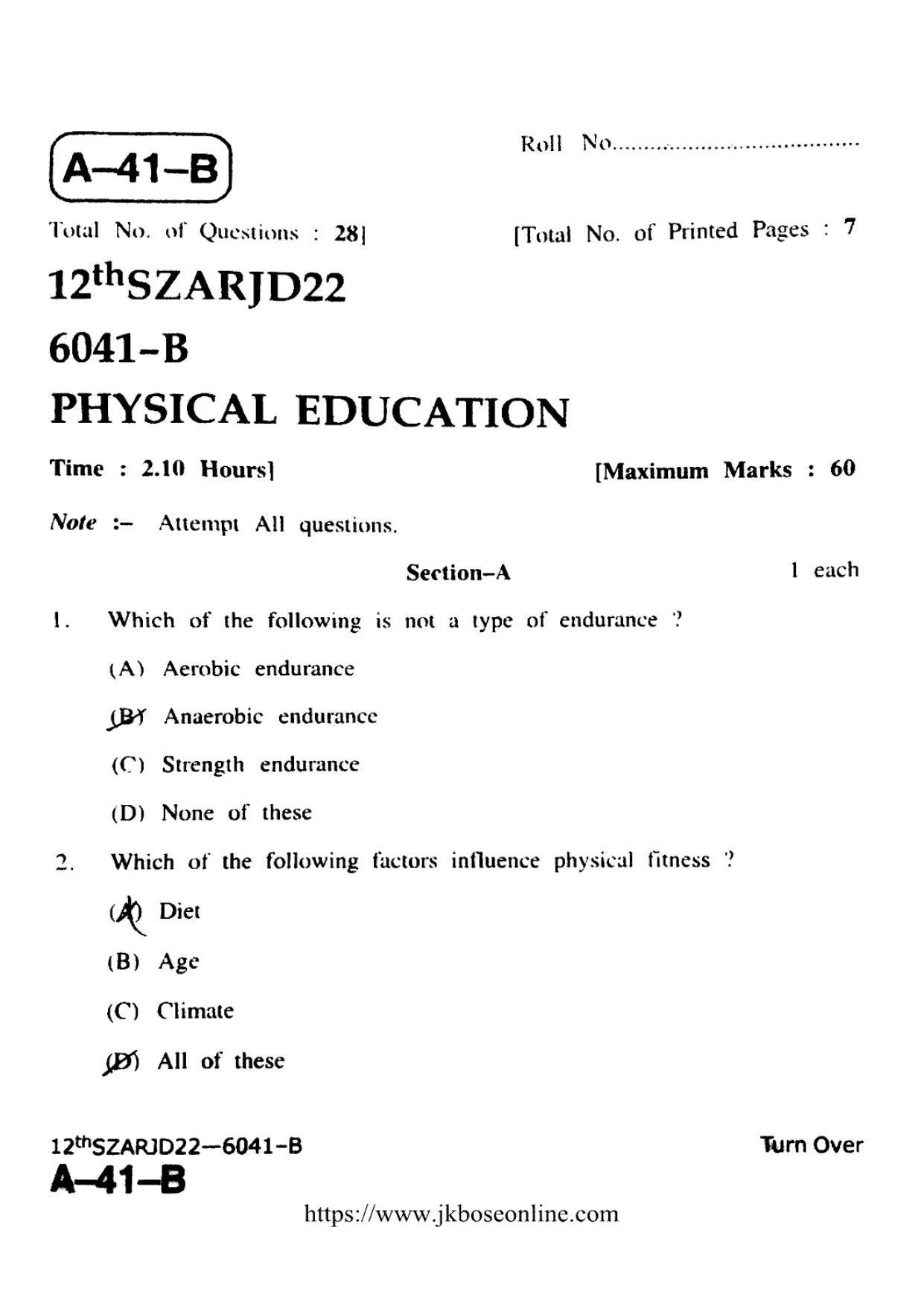 JKBOSE Class 12 Physical-Education 6041-B Question Papers 2022 ...