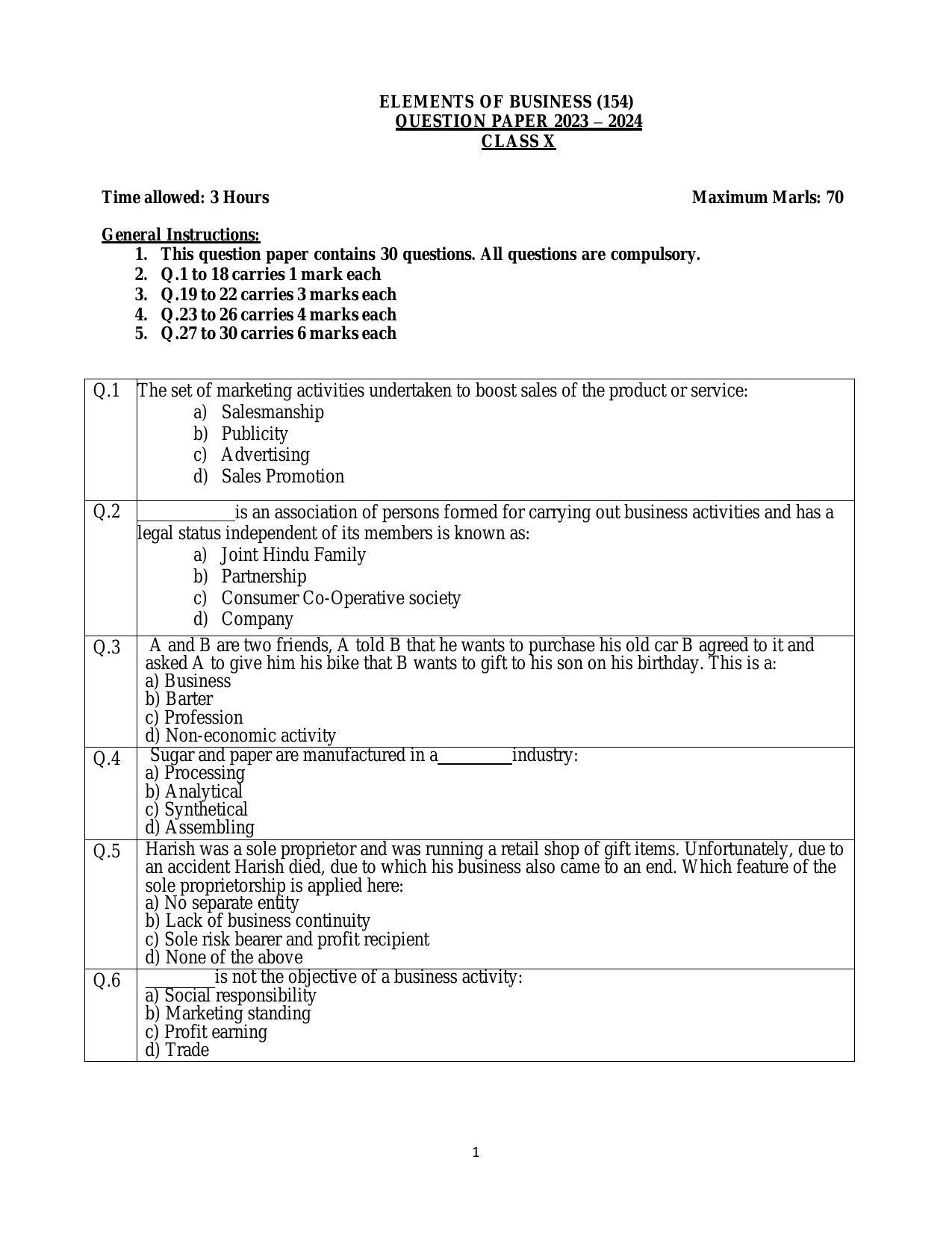 CBSE Class 10 Elements Of Business Sample Paper 2024 IndCareer Docs   A 1 