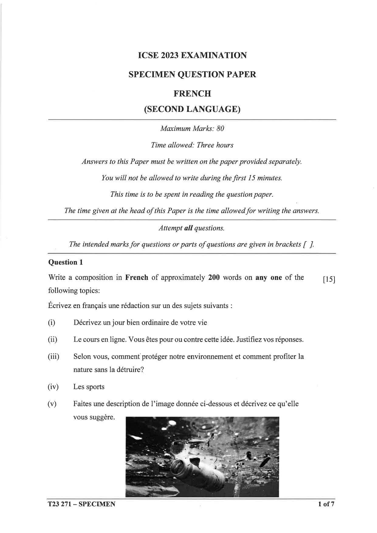 ICSE Class 10 French Sample Paper 2023 - Page 1