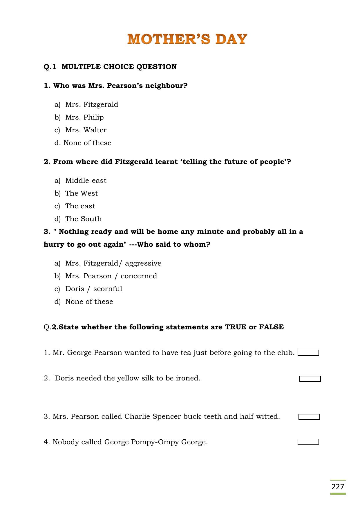 CBSE Worksheets for Class 11 English Mothers day questions answers - Page 1