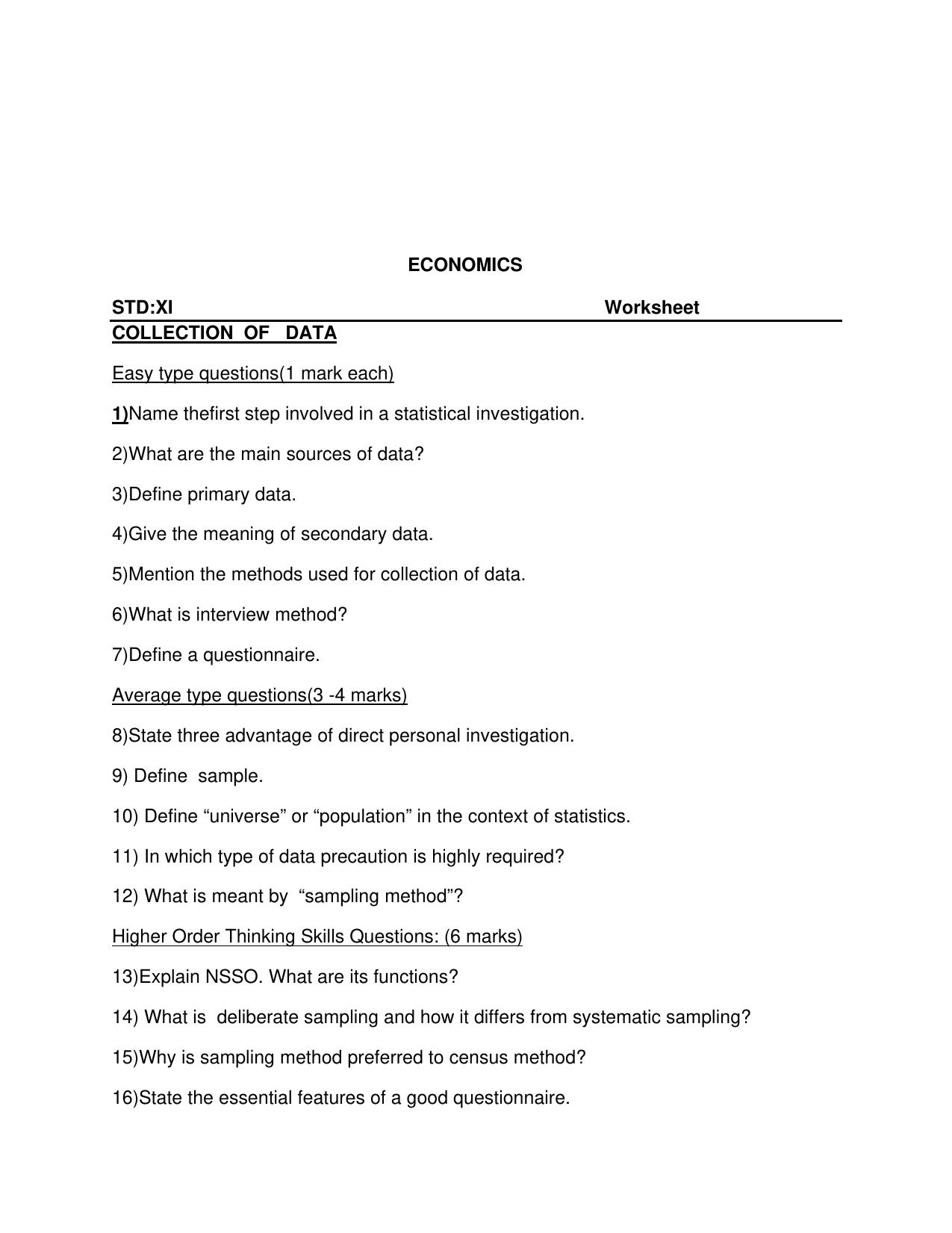 CBSE Worksheets for Class 11 Economics Collection of Data Assignment - Page 1