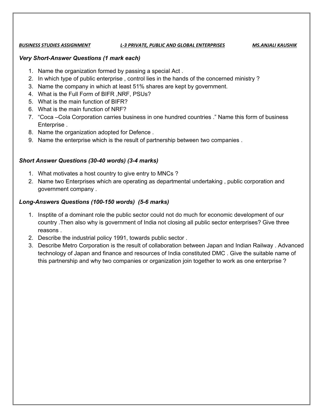 CBSE Worksheets for Class 11 Business Studies Private, Public And Global Enterprises Assignment - Page 1