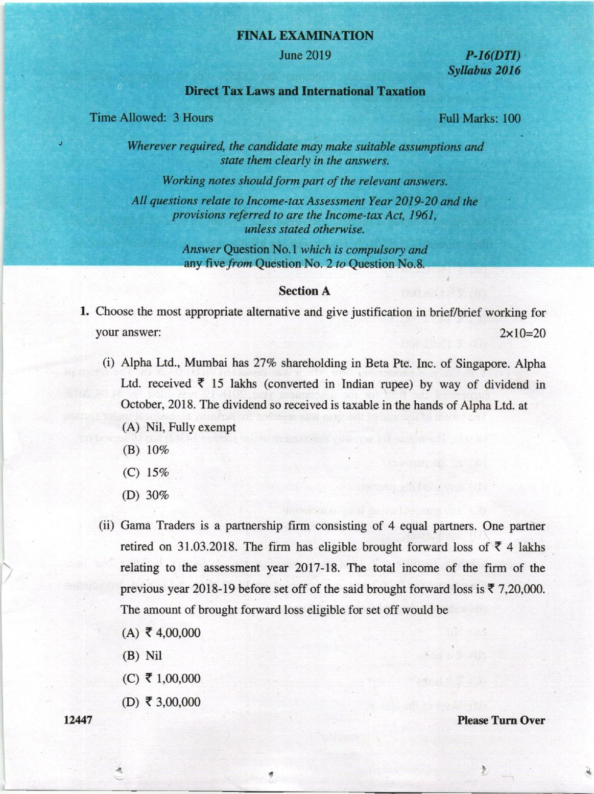 ICMAI June 2018 Tax Laws and International Taxation Question Paper