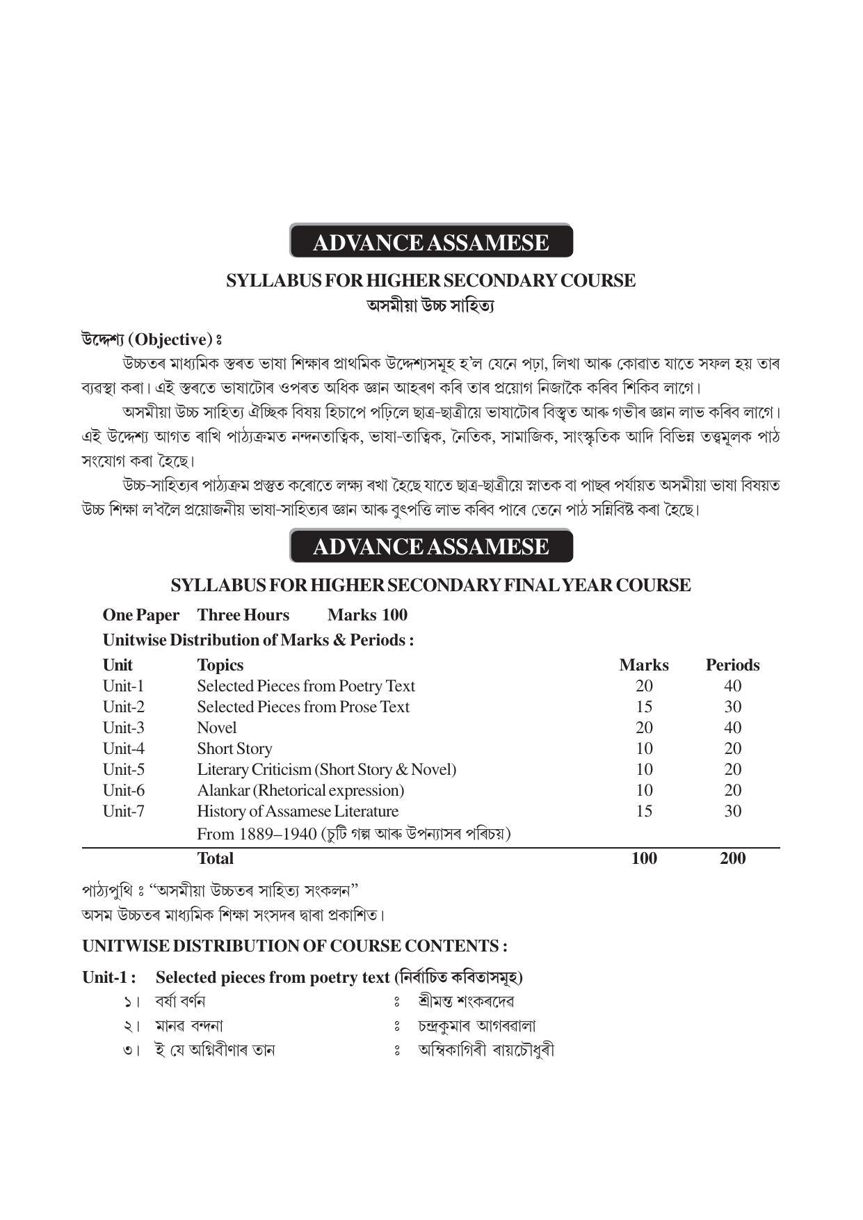 AHSEC 2nd Year Advance Assamese Syllabus - Page 1