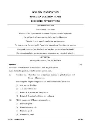ICSE Class 10  2024 Economic Applications Sample Paper