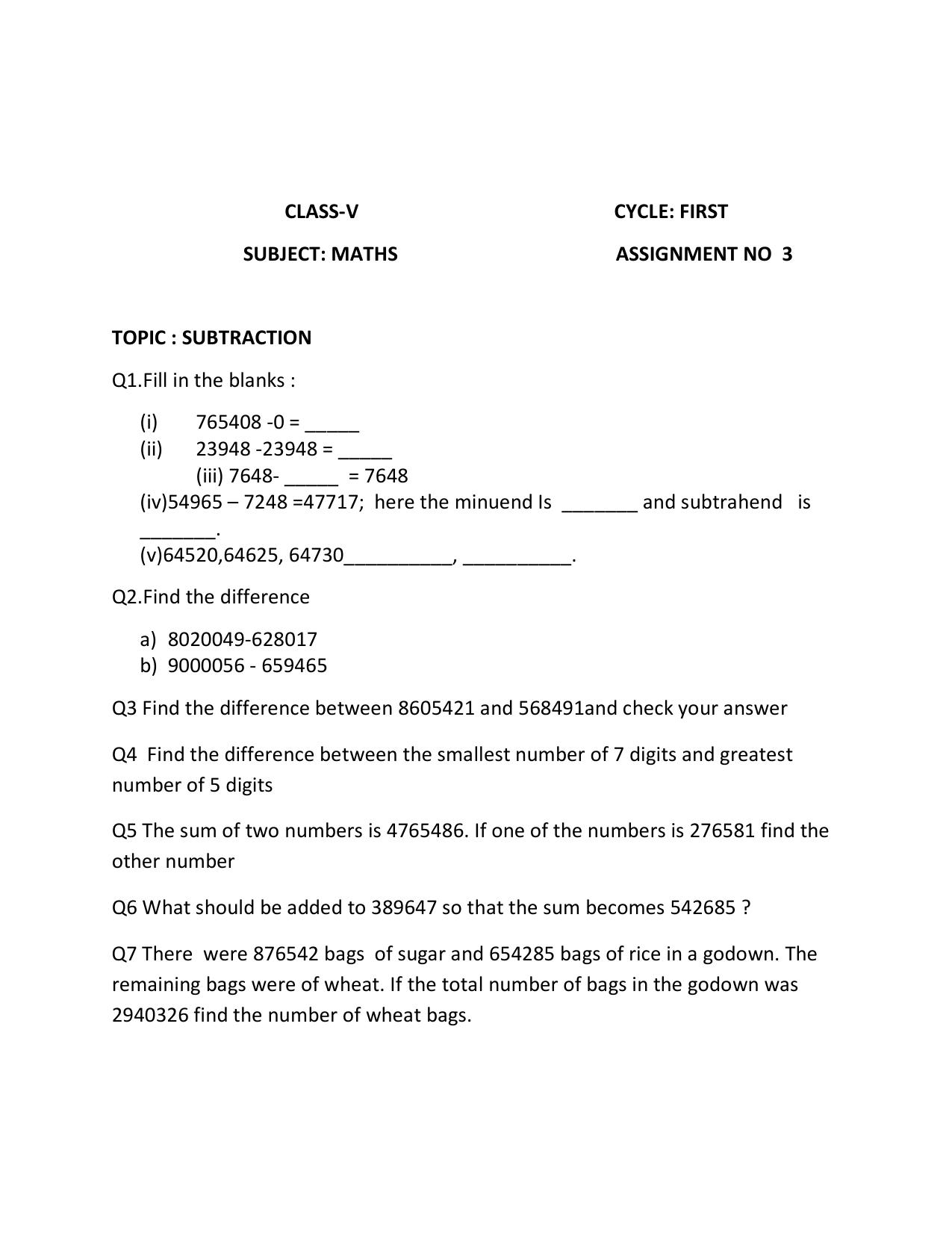 Worksheet for Class 5 Maths Assignment 42 - Page 1