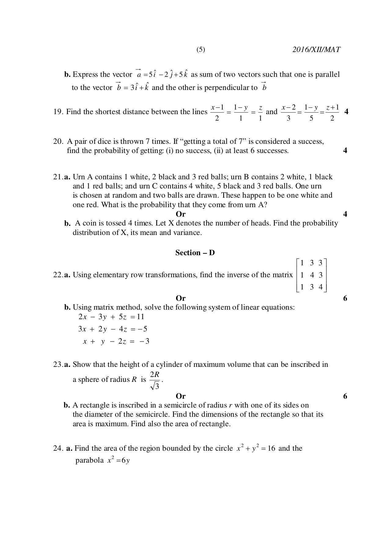 Nagaland Board Class 12 MATHEMATICS 2016 Question Papers - IndCareer Docs