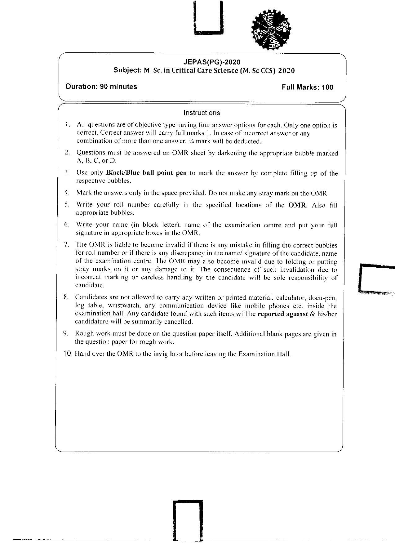 WBJEEB JEMAS (PG) 2020 MSc CCS Question Paper - Page 1