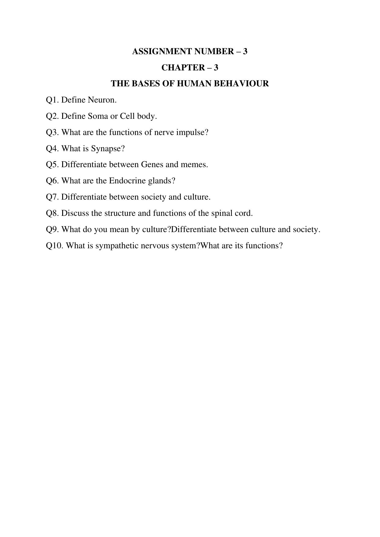 CBSE Worksheets for Class 11 Psychology The Bases of Human Behaviour Assignment 2 - Page 1