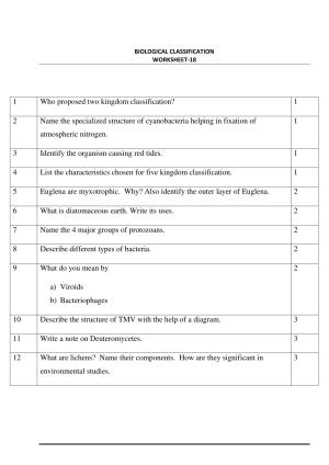 CBSE Worksheets for Class 11 Biology Biological Classification Assignment