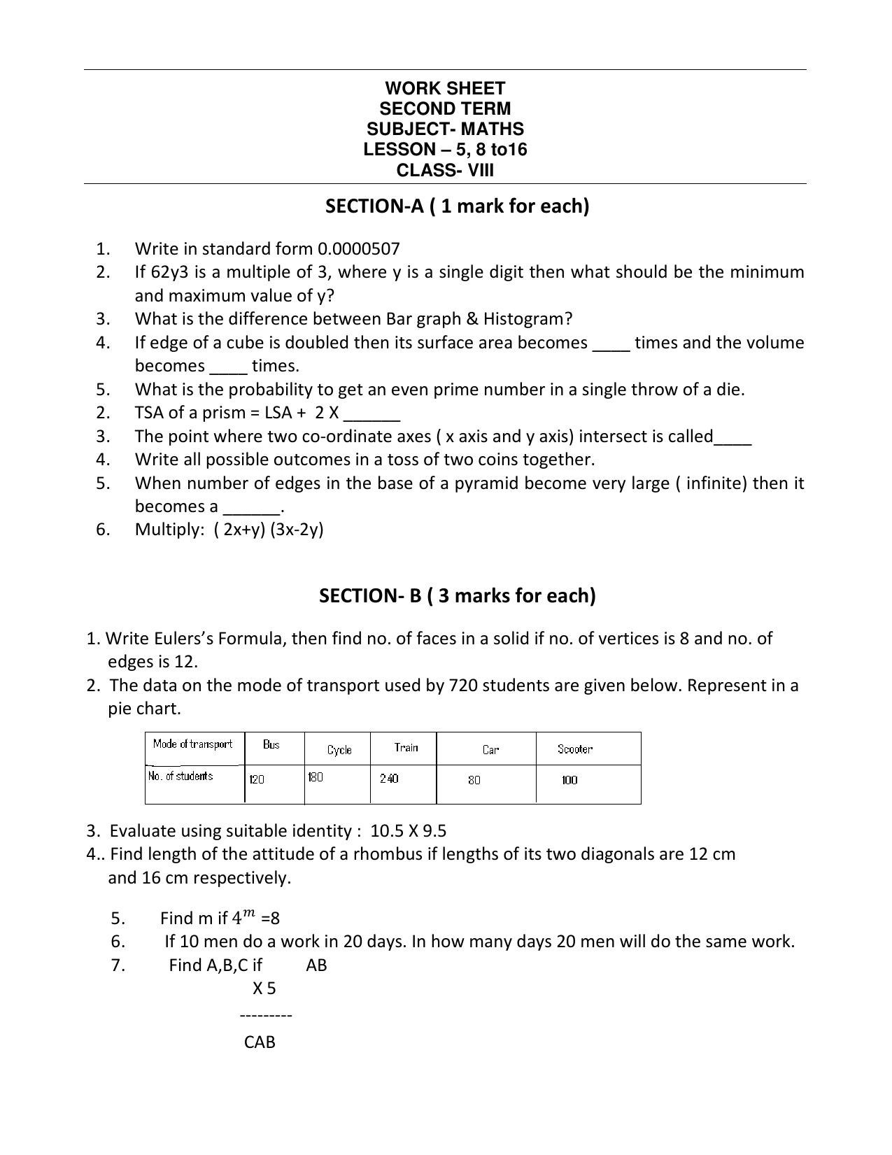 CBSE Worksheets for Class 8 Mathematics Assignment 16 - Page 1