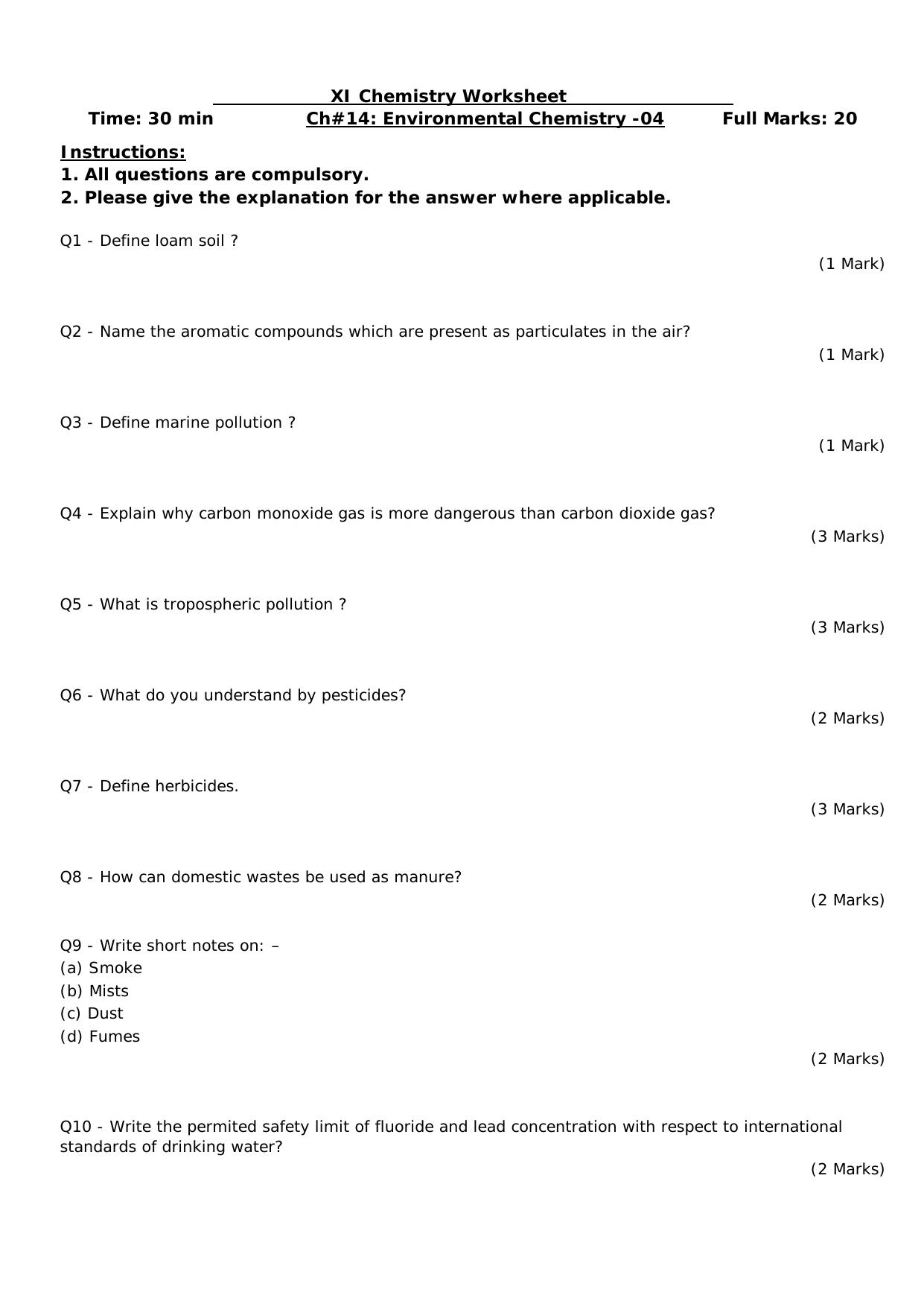 CBSE Worksheets for Class 11 Chemistry Environmental Chemistry Assignment 4 - Page 1